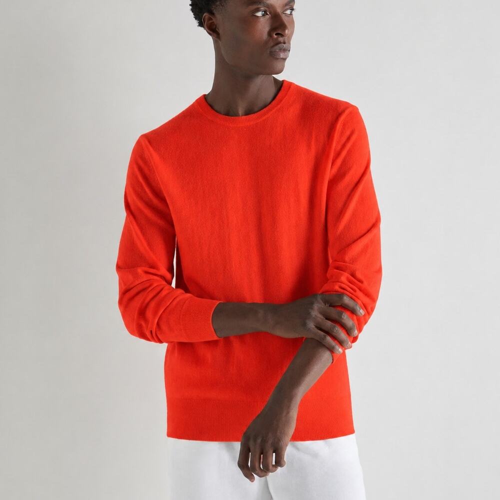N. PEAL Men's Oxford Round Neck Cashmere Sweater Orange Red Large